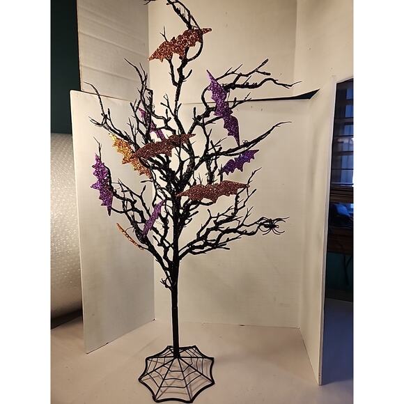 Vintage Spooky Halloween Tree With Spider & Sparkle Bats Ornaments 22" - Picture 1 of 16